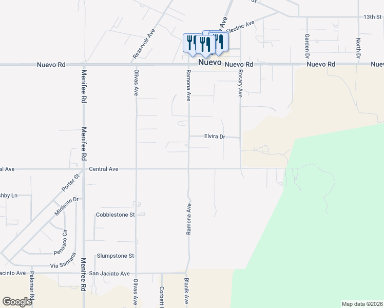 map of restaurants, bars, coffee shops, grocery stores, and more near 22450 Ramona Avenue in Nuevo