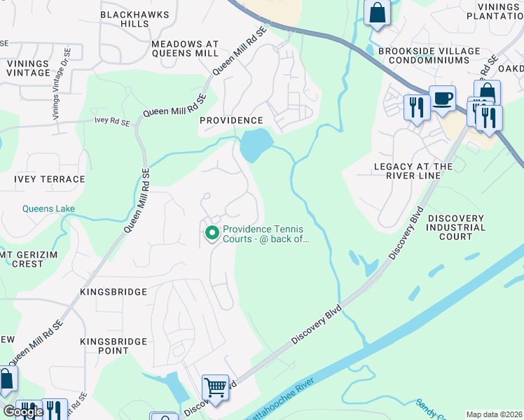 map of restaurants, bars, coffee shops, grocery stores, and more near 945 Regal Hills Lane in Mableton