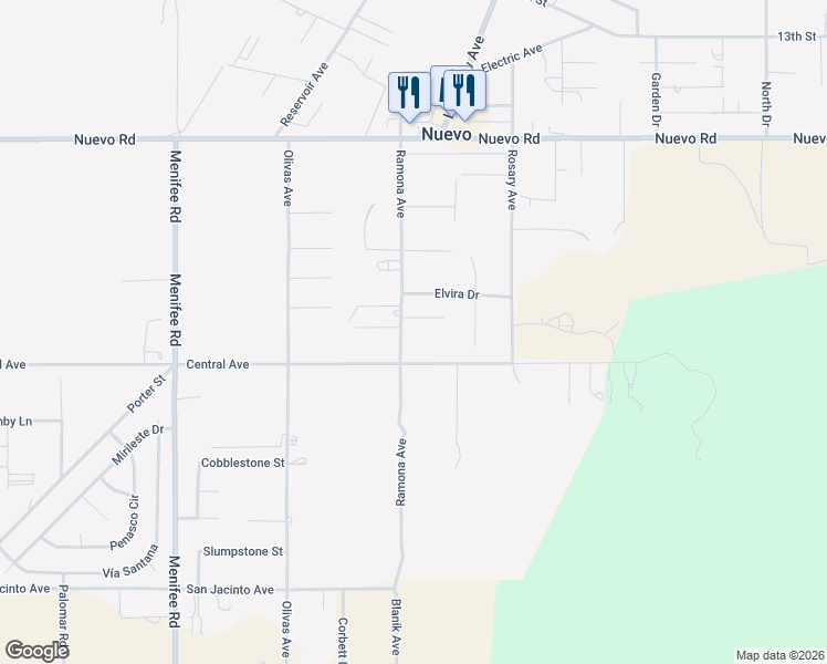 map of restaurants, bars, coffee shops, grocery stores, and more near 22450 Ramona Avenue in Nuevo