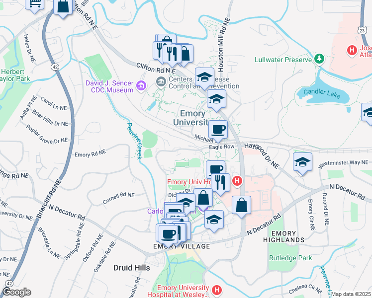 map of restaurants, bars, coffee shops, grocery stores, and more near 7 Eagle Row in Atlanta