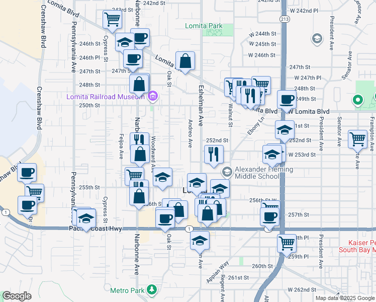 map of restaurants, bars, coffee shops, grocery stores, and more near 25223 Andreo Avenue in Lomita