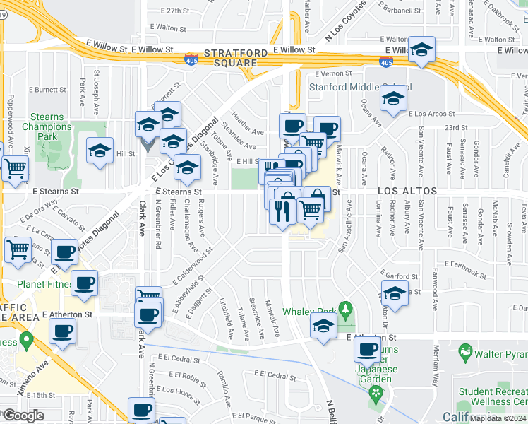map of restaurants, bars, coffee shops, grocery stores, and more near 2134 Montair Avenue in Long Beach