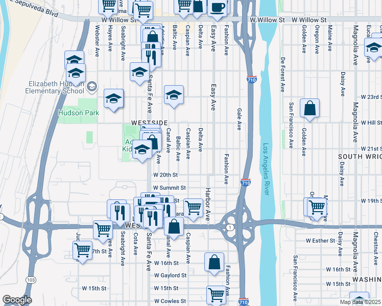 map of restaurants, bars, coffee shops, grocery stores, and more near 2082 Caspian Avenue in Long Beach