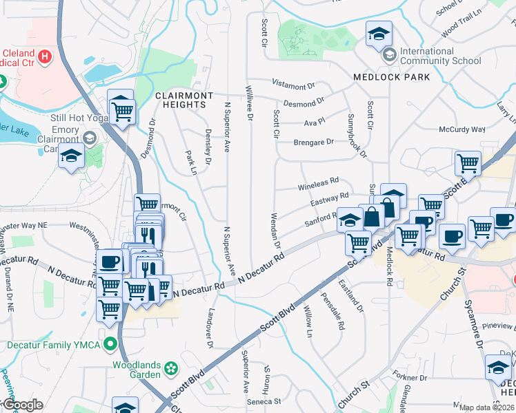 map of restaurants, bars, coffee shops, grocery stores, and more near 635 Willivee Drive in Decatur