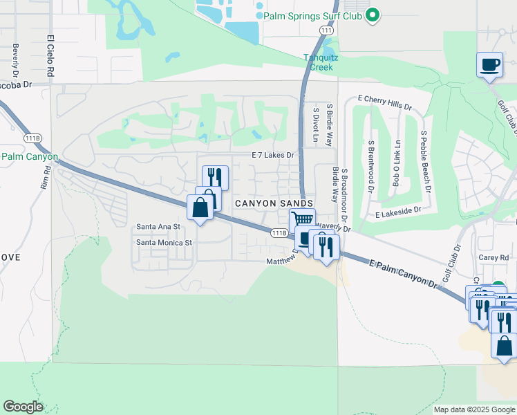 map of restaurants, bars, coffee shops, grocery stores, and more near 2488 East Miramonte Circle in Palm Springs