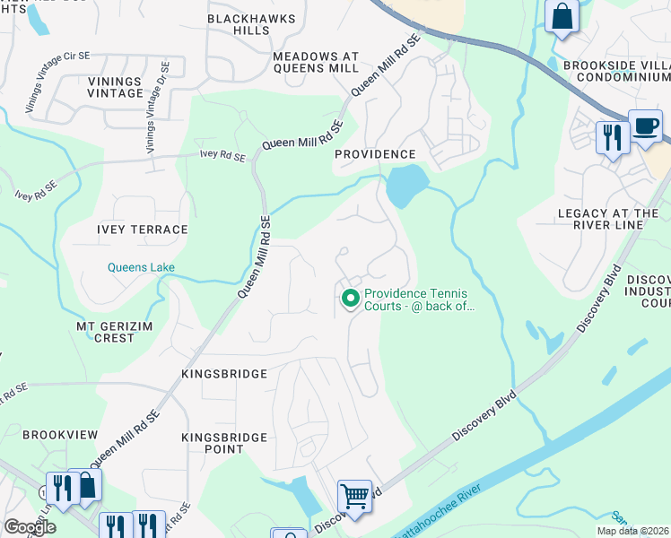 map of restaurants, bars, coffee shops, grocery stores, and more near 6512 Bennington Bluff Court in Mableton