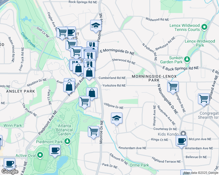 map of restaurants, bars, coffee shops, grocery stores, and more near 639 Yorkshire Road Northeast in Atlanta