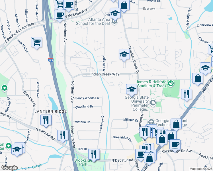 map of restaurants, bars, coffee shops, grocery stores, and more near 624 Ridge Creek Drive in Clarkston