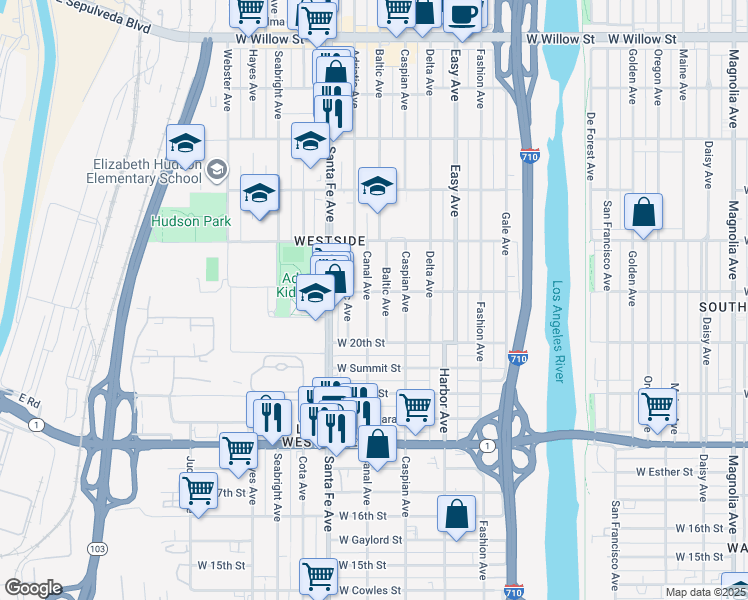 map of restaurants, bars, coffee shops, grocery stores, and more near 2082 Canal Avenue in Long Beach