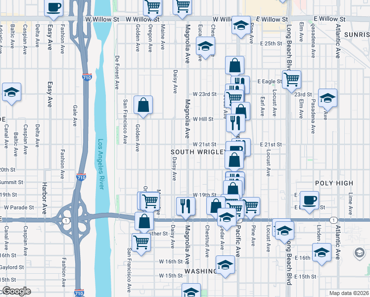 map of restaurants, bars, coffee shops, grocery stores, and more near 2081 Magnolia Avenue in Long Beach