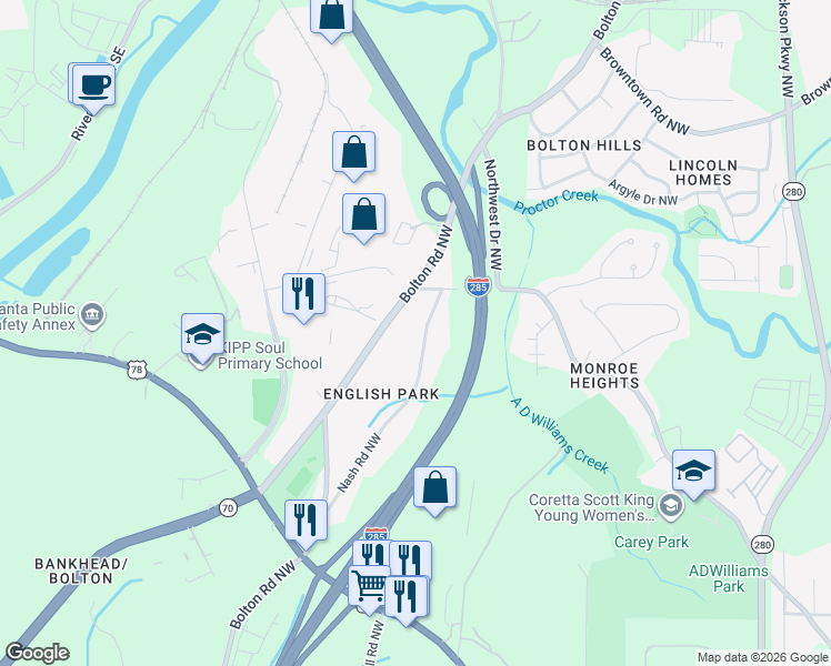 map of restaurants, bars, coffee shops, grocery stores, and more near 1462 Nash Road Northwest in Atlanta