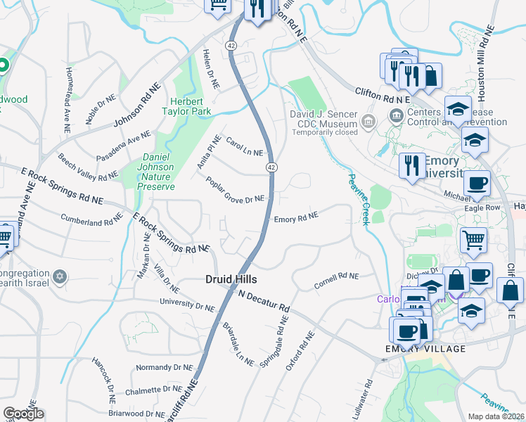 map of restaurants, bars, coffee shops, grocery stores, and more near 1480 Briarcliff Road Northeast in Atlanta