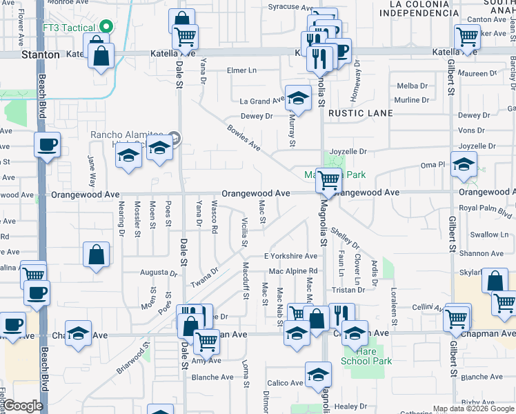 map of restaurants, bars, coffee shops, grocery stores, and more near 11541 Mac Street in Garden Grove