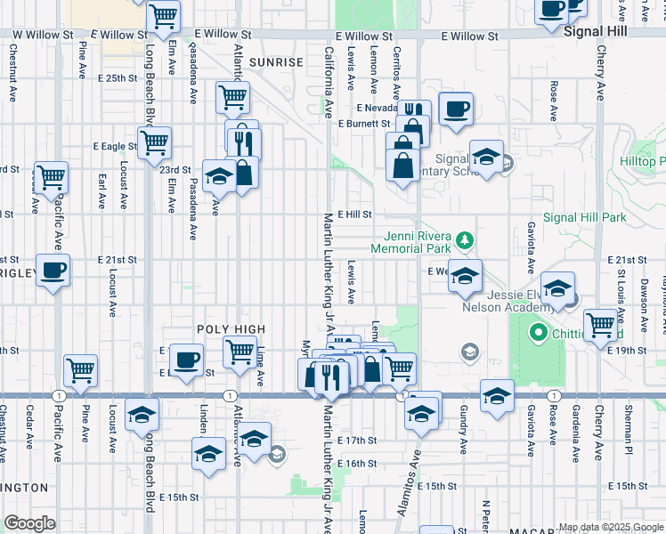 map of restaurants, bars, coffee shops, grocery stores, and more near 1004 E 21st St in Long Beach