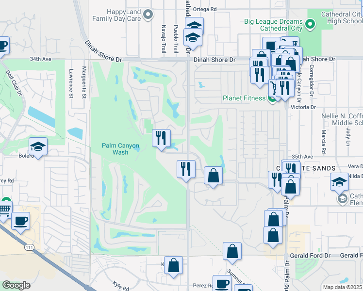 map of restaurants, bars, coffee shops, grocery stores, and more near 34891 Calle Avila in Cathedral City