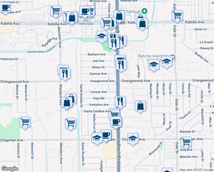 map of restaurants, bars, coffee shops, grocery stores, and more near 11531 Lenmar Street in Stanton