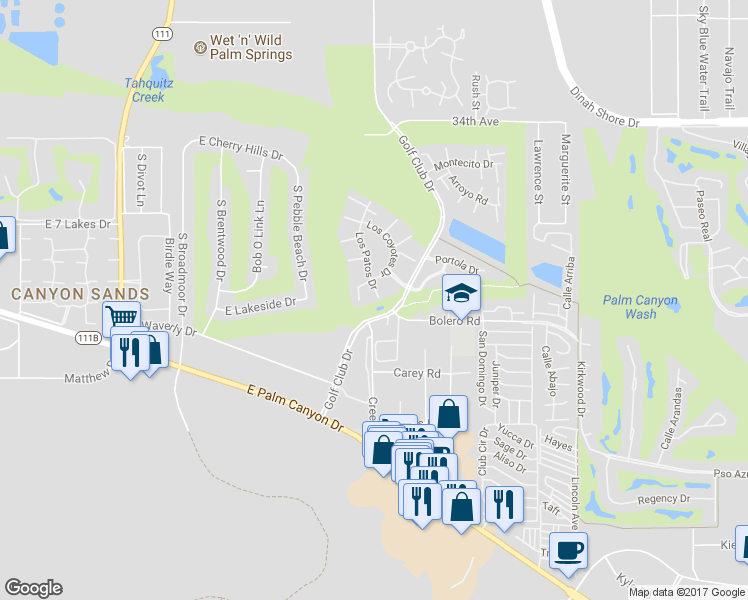 map of restaurants, bars, coffee shops, grocery stores, and more near 5637 Los Coyotes Drive in Palm Springs