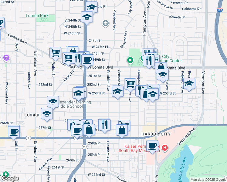 map of restaurants, bars, coffee shops, grocery stores, and more near 1521 West 253rd Street in Los Angeles