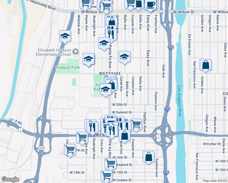 map of restaurants, bars, coffee shops, grocery stores, and more near 2083 Adriatic Avenue in Long Beach