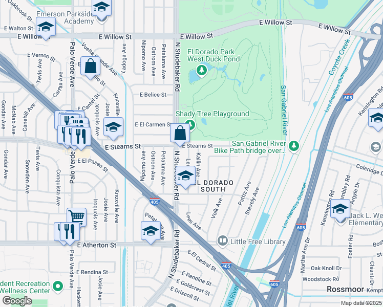 map of restaurants, bars, coffee shops, grocery stores, and more near 2142 Lees Avenue in Long Beach
