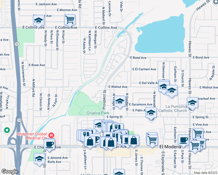 map of restaurants, bars, coffee shops, grocery stores, and more near 470 North Londonderry Lane in Orange