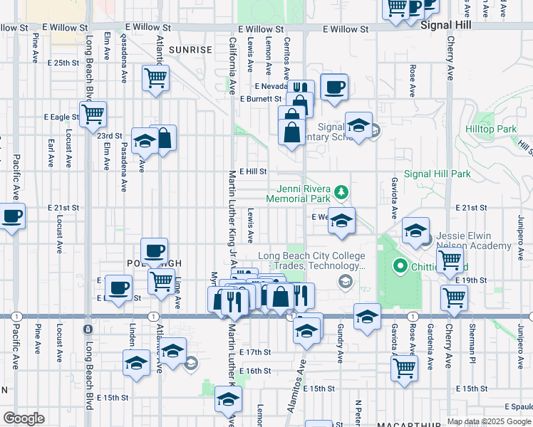 map of restaurants, bars, coffee shops, grocery stores, and more near 2081 Lemon Avenue in Long Beach