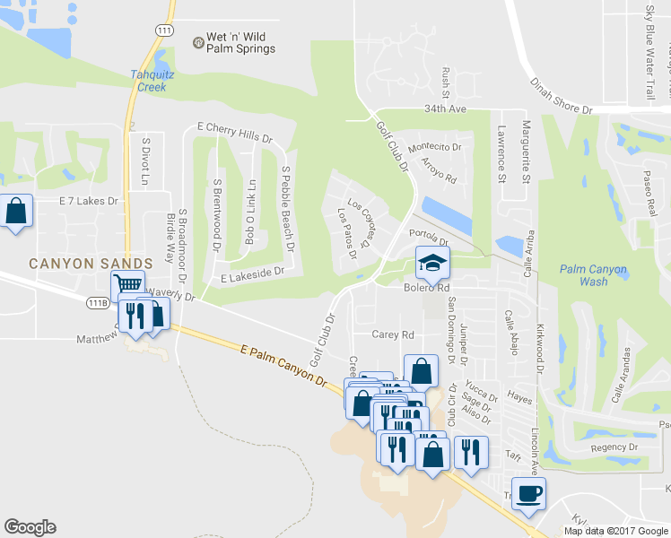 map of restaurants, bars, coffee shops, grocery stores, and more near 5519 Los Coyotes Drive in Palm Springs