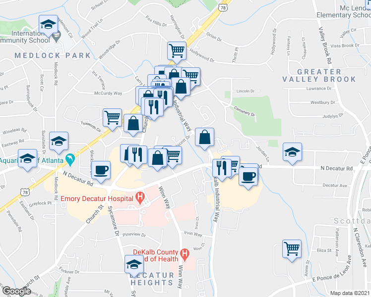 map of restaurants, bars, coffee shops, grocery stores, and more near 2685 Milscott Dr in Decatur