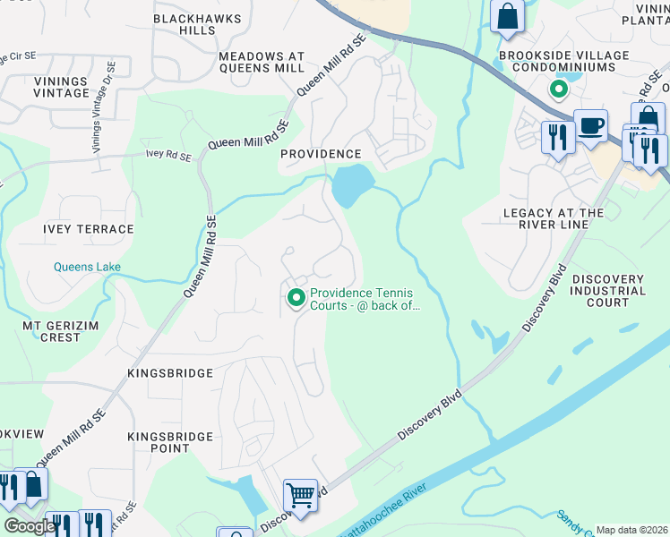 map of restaurants, bars, coffee shops, grocery stores, and more near 6143 Queens River Drive in Mableton