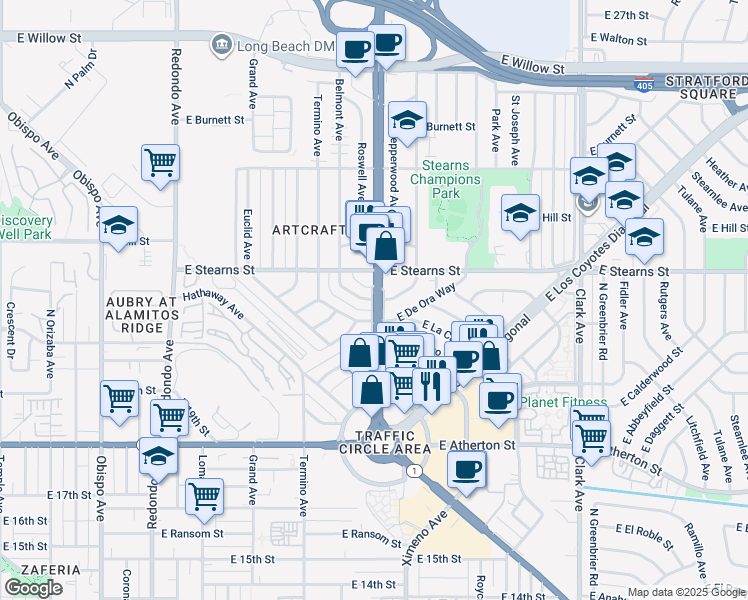 map of restaurants, bars, coffee shops, grocery stores, and more near 2101 North Lakewood Boulevard in Long Beach