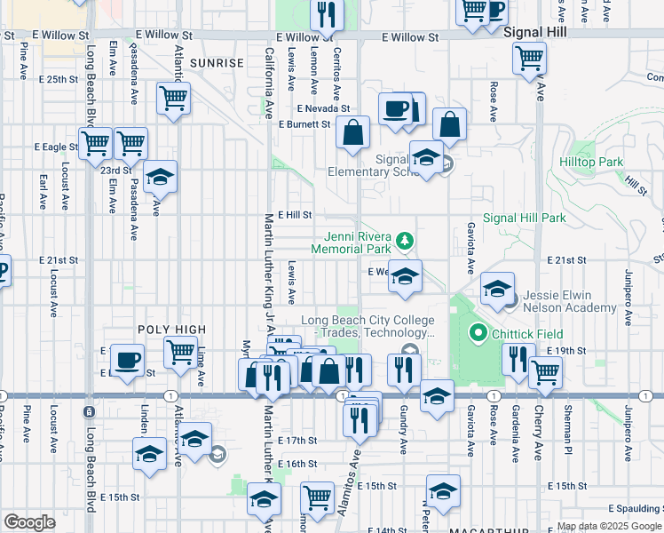 map of restaurants, bars, coffee shops, grocery stores, and more near 2095 Cerritos Avenue in Long Beach