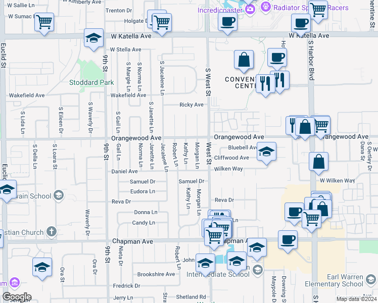 map of restaurants, bars, coffee shops, grocery stores, and more near 11572 Kathy Lane in Garden Grove