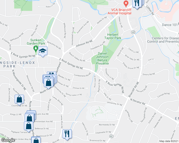map of restaurants, bars, coffee shops, grocery stores, and more near 1275 E Rock Springs Road Northeast in Atlanta