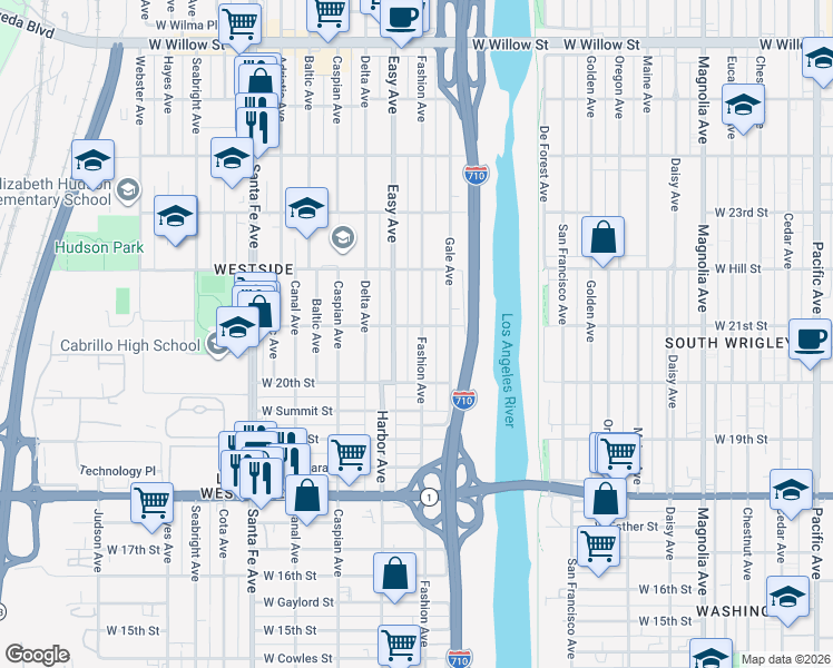 map of restaurants, bars, coffee shops, grocery stores, and more near 2085 Fashion Avenue in Long Beach