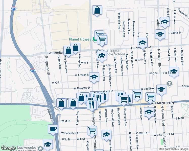 map of restaurants, bars, coffee shops, grocery stores, and more near 1602 Wilmington Boulevard in Los Angeles