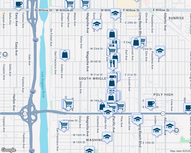 map of restaurants, bars, coffee shops, grocery stores, and more near 2080 Eucalyptus Avenue in Long Beach