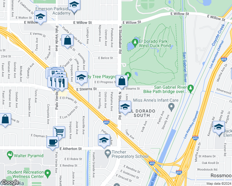 map of restaurants, bars, coffee shops, grocery stores, and more near 2143 North Studebaker Road in Long Beach