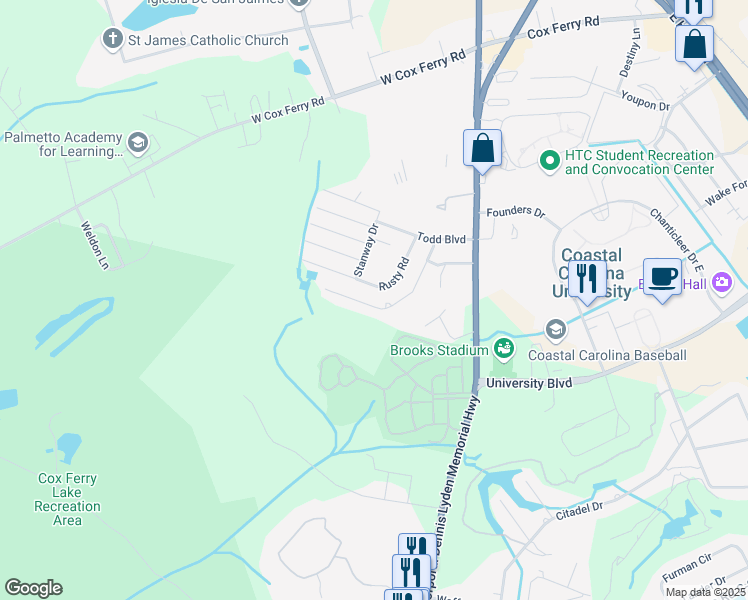 map of restaurants, bars, coffee shops, grocery stores, and more near 627 Lesia Lane in Conway
