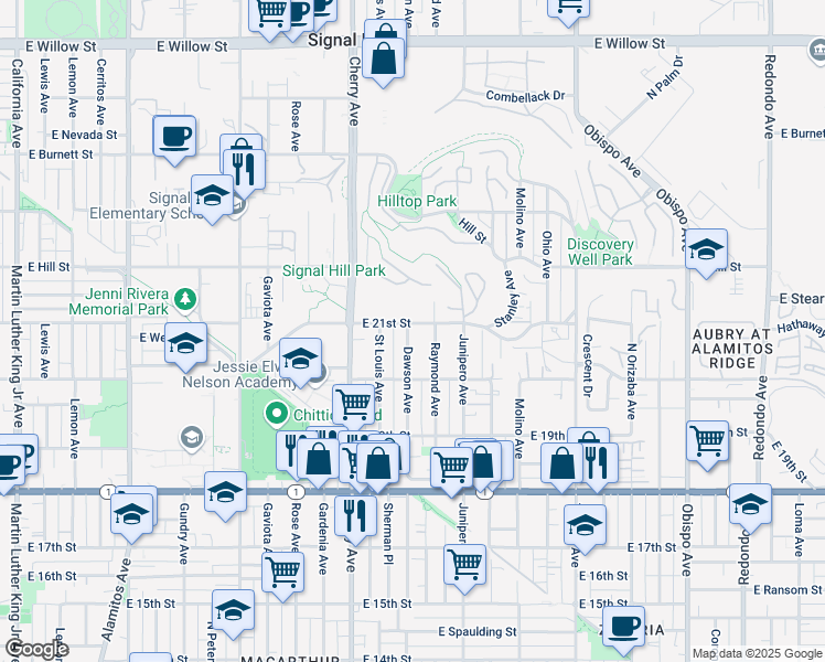 map of restaurants, bars, coffee shops, grocery stores, and more near 2088 Dawson Avenue in Signal Hill