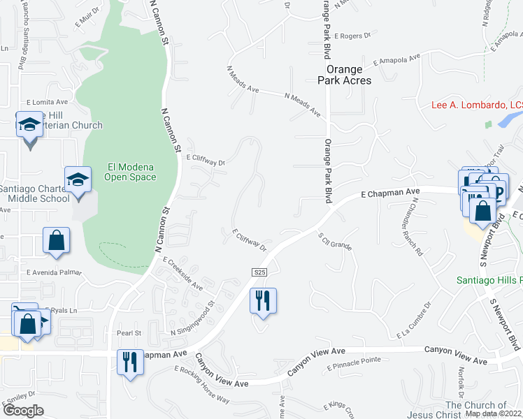 map of restaurants, bars, coffee shops, grocery stores, and more near 461 North Carlisle Place in Orange