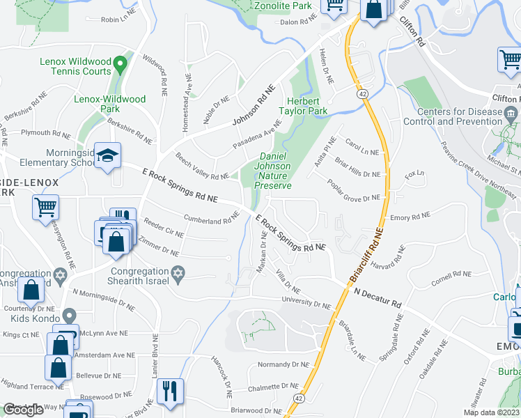 map of restaurants, bars, coffee shops, grocery stores, and more near 1508 Markan Drive Northeast in Atlanta
