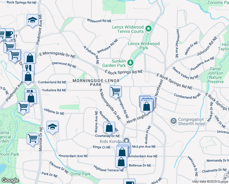 map of restaurants, bars, coffee shops, grocery stores, and more near 1484 Wessyngton Road Northeast in Atlanta
