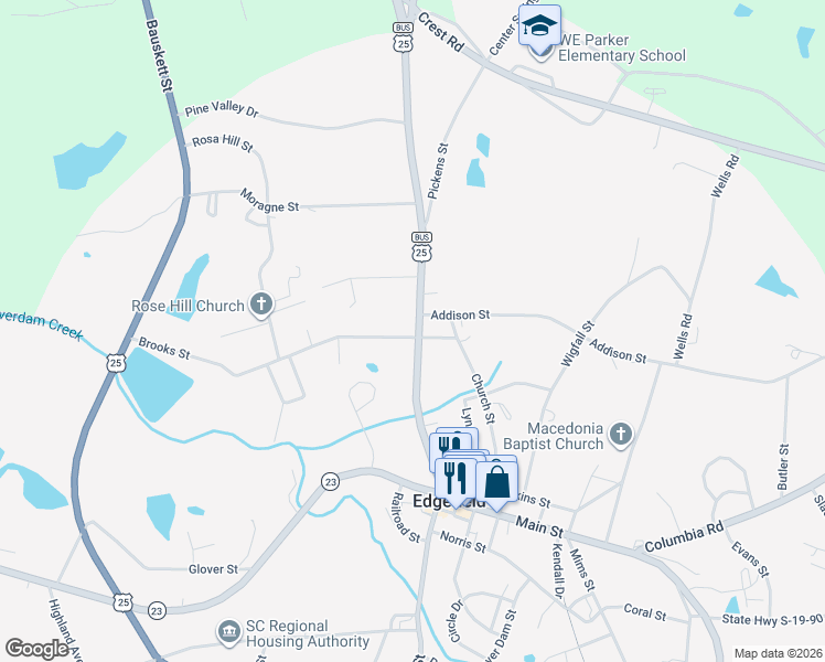 map of restaurants, bars, coffee shops, grocery stores, and more near 306 Brooks St in Edgefield