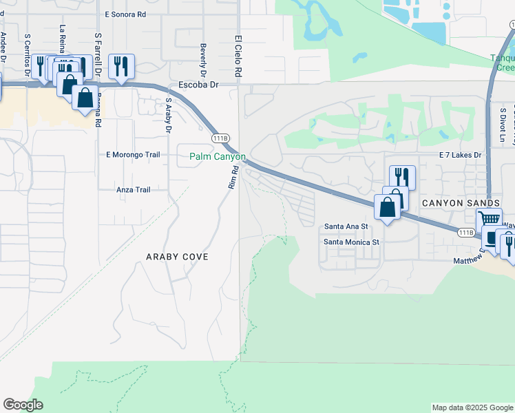 map of restaurants, bars, coffee shops, grocery stores, and more near 2106 Southridge Drive in Palm Springs