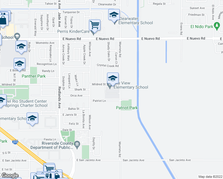 map of restaurants, bars, coffee shops, grocery stores, and more near 625 Mildred Street in Perris