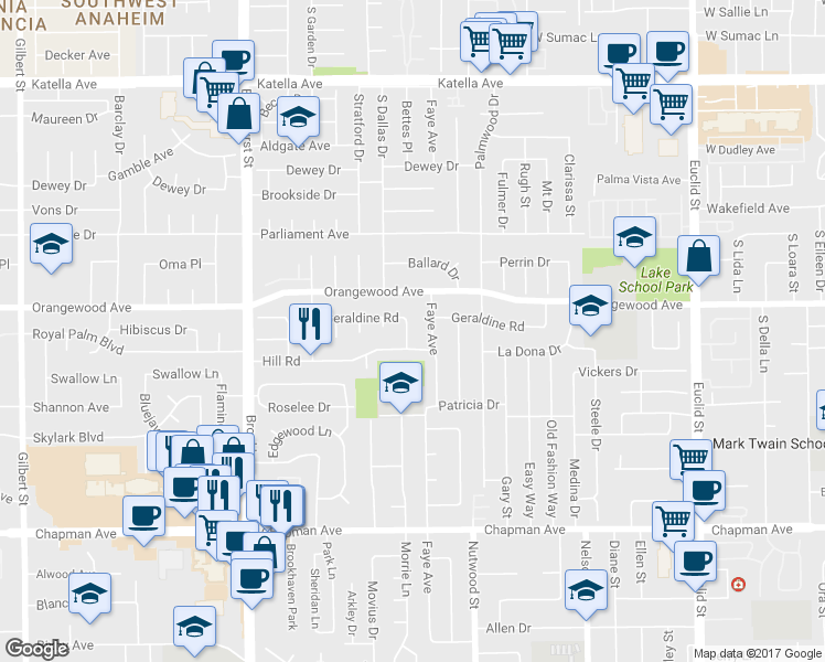 map of restaurants, bars, coffee shops, grocery stores, and more near 11552 Purcell Street in Garden Grove
