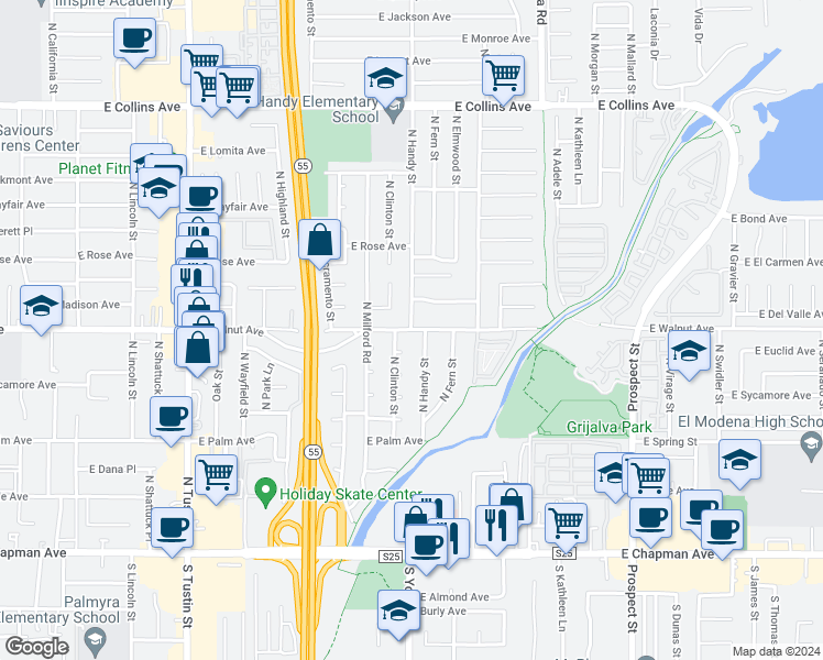 map of restaurants, bars, coffee shops, grocery stores, and more near E Walnut Ave & N Handy St in Orange