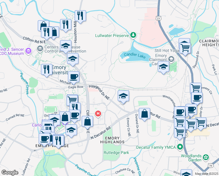 map of restaurants, bars, coffee shops, grocery stores, and more near 38 Andrews Circle in Atlanta