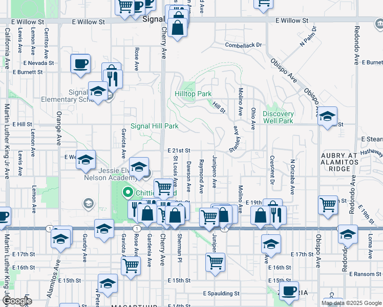map of restaurants, bars, coffee shops, grocery stores, and more near 2200 East 21st Street in Signal Hill
