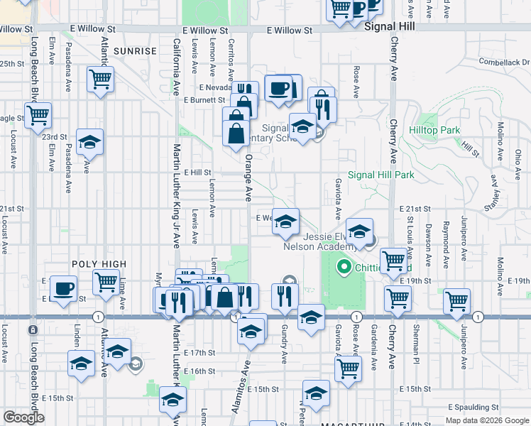 map of restaurants, bars, coffee shops, grocery stores, and more near 1229 East Wesley Drive in Long Beach